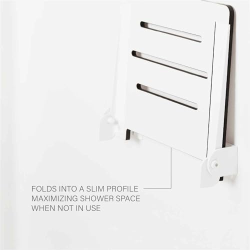Seachrome 18 inch Silhouette Slimline Folding Wall Mount Shower Bench Seat, White Seat with White Frame