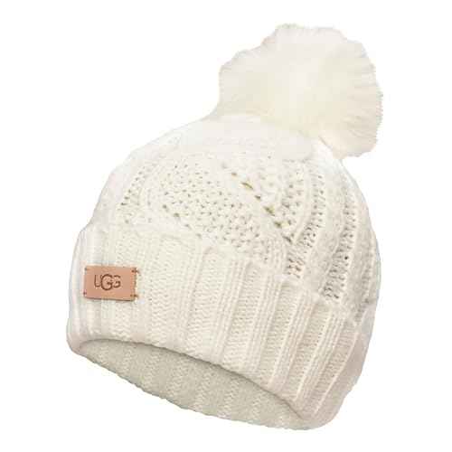 UGG Women's Cable Knit Beanie with Plush Pom - Cozy Winter Hat in Soft Acrylic-Wool Blend, Leather Logo Detail, Nimbus, One Size