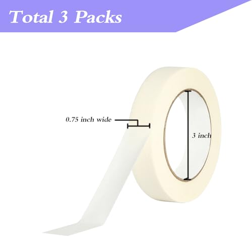 Lazybug studio Masking Tape 0.75 Inch, 3 Pack White Masking Tape, 3/4 Inch x 55 Yards x 3 Rolls,165 Yards in Total