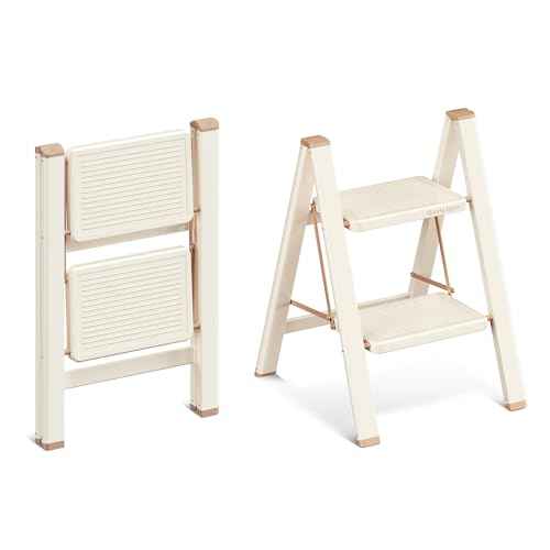 GameGem 2 Step Ladder, 2 Step Stool for Adults, Folding Step Ladder with Secure Footing, Widened Pedal, Aesthetically Pleasing Looking, Blends Right into Domestic Rooms, Cream Chocolate