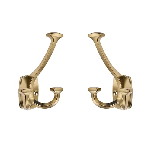 Large Wall Double-Sided Hook 5 Pack Champagne Brozne Hook Decorative Heavy Duty Solid Large Coat Hooks for Towel Hanging Coats Robe Towel Bags Door Back 2 Prong Hooks