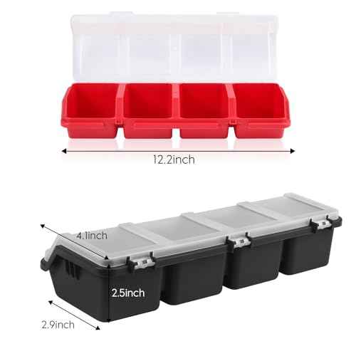 4 Pack Screw Organizer Box with Lids, 4 Compartments Tool Bin Stackable Sorting Screw Toolbox for Garage Nails Hardware Workbench Organizing Storage, Red & Black