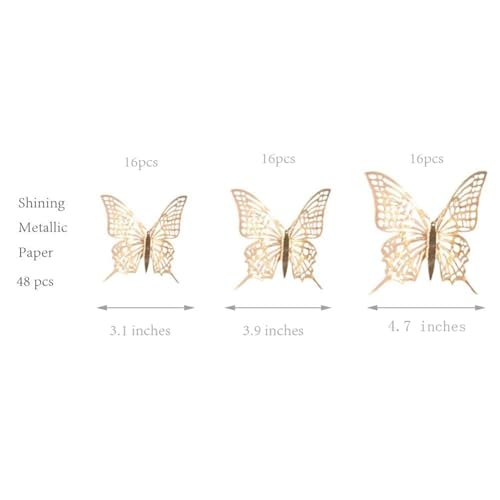 Cheerland 3D Champagne Gold Butterfly Wall Stickers Paper Butterflies Decal Decoration Removable Mural Stickers for Living Room Bed Room School Home Cake Decorations for Anniversary Engagement Party