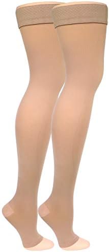 Truform Women's Compression Stockings, 20-30 mmHg, Thigh High Length, Open Toe, Opaque, Beige, Small