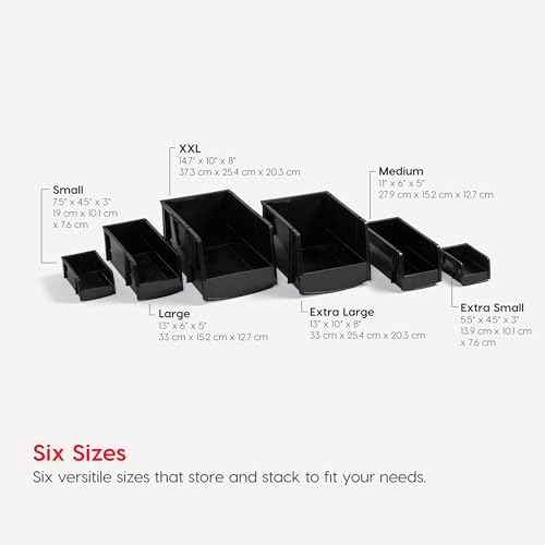 IRIS USA Medium Stackable Storage Bins, 4-Pack, 11" L x 6" W x 5" H, |Made in USA|, Plastic Open Front Shelf Bin for Organizing Parts, Hardware, Tools, Supplies, Garage Shelf, Pantry - Black