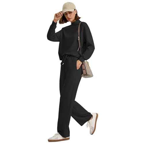WIHOLL Two Piece Sets for Women Fall Outfits Lounge Sets Mock Neck Tops Wide Leg Pants Vacation Travel Airport Outfits
