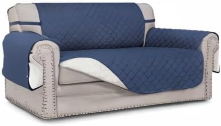 Easy-Going Reversible Loveseat Couch Cover for 2 Cushion Couch Sofa Cover for Dogs Water Resistant Furniture Protector with Foam Sticks Elastic Straps for Pet (Loveseat, Dark Blue/Ivory)