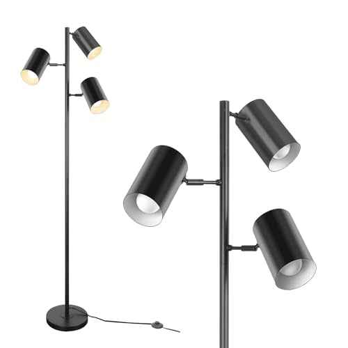 Tree Floor Lamp with 3 Light 9W E26 LED Bulbs,Black Standing Tall Pole Lamp with 3 Adjustable Rotating Lights,Modern Floor Lamp for Living Room Bedroom Office,Reading Room