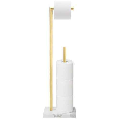 Toilet Paper Holder Stand Brushed Gold with Reserve, Marble Base Design, Free Standing Bathroom Tissue Roll Holder Freestanding, SUS304 Stainless Steel