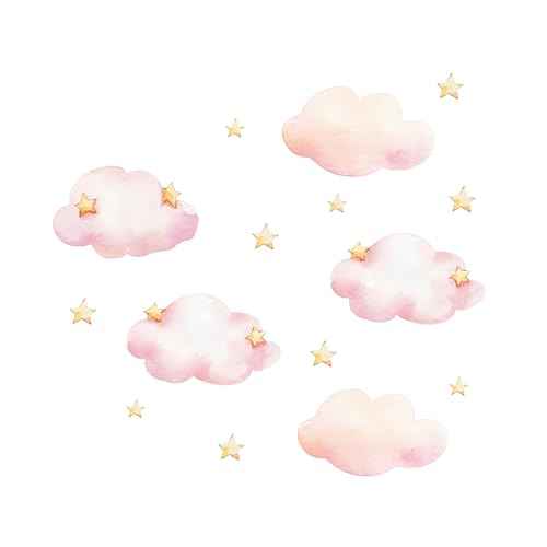 Pink Clouds and Stars Wall Stickers, sacinora Cartoon DIY Art Wall Decals Removable Vinyl Peel and Stick for Kids Baby Nursery Living Room Bedroom Children's Room Playroom Decorations