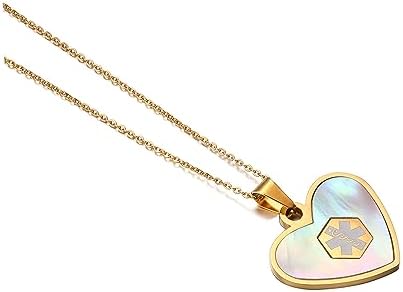 Medical Alert Necklace for Women Shell & Gold-Tone Stainless Steel Emergency ID Tag Pendant Necklace for Girls Custom Engraved Medical Alert Jewelry