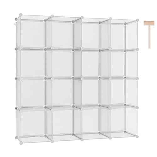 C&AHOME Cube Storage Organizer, 16-Cube Shelves Units, Plastic Storage Cubes, DIY Closet Organizer, Modular Closet Storage Shelf Ideal for Home, 48.4" L ¡¿ 12.4" W ¡¿ 48.4" H Transparent Twill UPCS16T