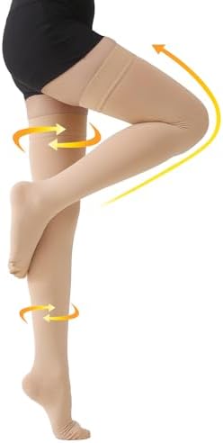 MGANG Medical 15-20 mmHg Compression Stockings for Women & Men, Pair, Thigh High Graduated Compression Socks, Closed Toe, Opaque, Support for Varicose Veins, Edema, DVT, Swelling, Flight, Beige L