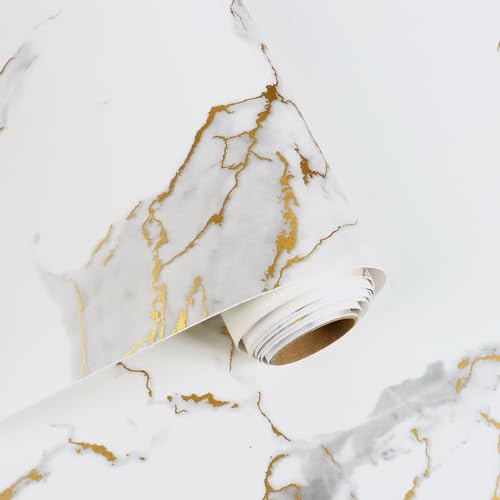 White and Gold Marble Contact Paper Peel and Stick Marble Wallpaper Removable Waterproof Cabinet Contact Paper for Countertops Vinyl Wrap Marble Wall Paper for Bathroom Kitchen 11.8"x118"