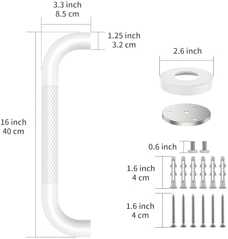 2 Pack 16 Inch Shower Grab Bar - 1.25" Diameter, ZUEXT White Stainless Steel Bathroom Grab Bar Handle, Bath Balance Bar,Safety Hand Rail Support,Handicap Injury Elderly Senior Assist Bath Handle