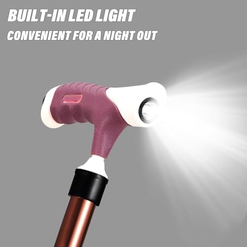 Folding Cane Seat Sturdy Lightweight Adjustable Handle Legs with LED Light Cushion for Elderly Walking Stick 300 lbs Large Plate