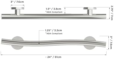 HEALTHCRAFT (2X Pack) Wave Decorative Grab Bars, ADA Compliant Bathroom Safety Bars for Seniors, Wall-Mounted, Supports Up to 500 lbs (Left & Right) (Brushed Stainless Steel, 24 Inch)