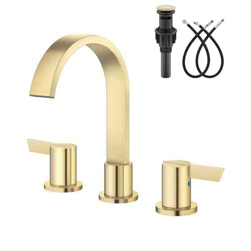 Aolemi Bathroom Faucets 3 Hole,8 Inch Widespread Waterfall Bathroom Sink Faucet,2 Handles Vanity Faucet with Pop-up Drain and Supply Hose,Gold