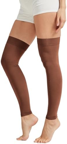 MGANG 15-20 mmHg Compression Stockings for Women & Men, Thigh High Medical Footless Graduated Compression Sleeves with Silicone Dot Band, for Varicose Veins, Edema, Travel, Flight, Pregnant, Brown XXL
