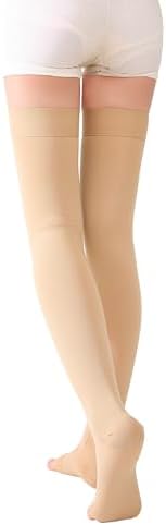 TOFLY® Thigh High Compression Socks for Women & Men (Pair), Open Toe, Opaque, Firm Support 30-40mmHg Graduated Compression Hose, Medical Compression Stockings for Varicose Veins, Edema, DVT,Beige L