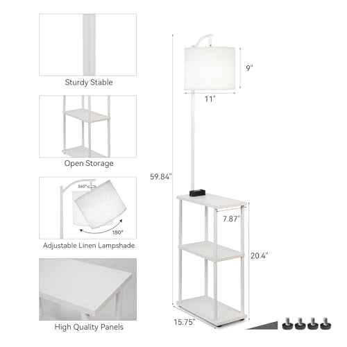 Floor Lamp with Table, Narrow Side Table with USB-A/USB-C Charging Station and AC Port, 3 Color Temperatures 12W LED Bulb, End Table for Bedroom, Living Room and Home Office, White