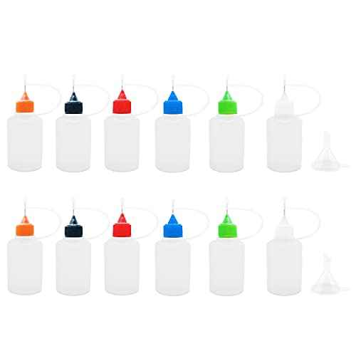 12 Pcs Precision Tip Applicator Bottles, 1 Ounce Translucent Glue Bottles, with 2 Mini Funnel for Paper Quilling DIY Craft, Multicolor Lids
