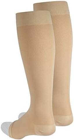 NuVein Medical Compression Stockings, 20-30 mmHg Support for Women & Men, Knee Length, Open Toe, Beige, Large