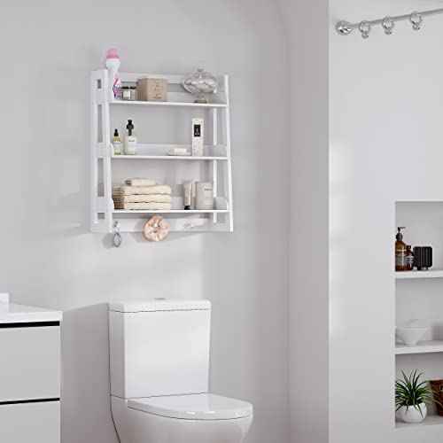 UTEX Bathroom Wall Shelf, Over Toilet Storage Shelf Organizer, 3-Tier Wall Mount Shelf Rack with Hook, White