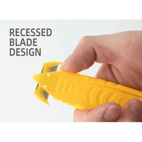 Safety Box Cutter, T TOVIA SK2 Stainless Steel Concealed Blade Package Opener with Tape Splitter for Cartons, Cardboard, Wrap, Straps, Film (5 Pieces - Yellow)