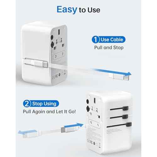 DOACE Universal Travel Adapter, 100W GaN 3.0 International Power Adapter with Built-in USB-C Cable, 6 in 1 Travel Adapter with 5 USB Ports, Plug Adapter Worldwide for EU/UK/USA/AUS(White)