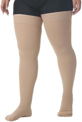 MGANG Medical 15-20 mmHg Compression Stockings for Women & Men, Pair, Thigh High Graduated Compression Socks, Closed Toe, Opaque, Support for Varicose Veins, Edema, DVT, Swelling, Flight, Beige 5XL