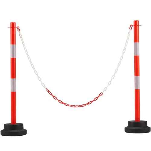 2 Pack 34 Inches Traffic Delineator Post Cones, Portable Orange Safety Driveway Barrier with Weighted Rubber Base, Reflective Collars, 5 FT Plastic Chain for Road Safety,Parking Lot