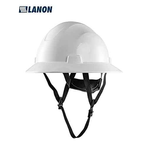 LANON White Full Brim Hard Hat, OSHA Construction Work Approved, HDPE Safety Helmet with 4 Point Adjustable Ratchet Suspension, Class E, G & C