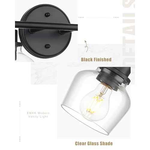 Emak Modern Black Bathroom Lights, Farmhouse Vanity Lighting Fixtures with Clear Glass Shade, 2-Light Vanity Lights for Bathroom, Makeup Desk, Mirror, VL122-BK-CG-2