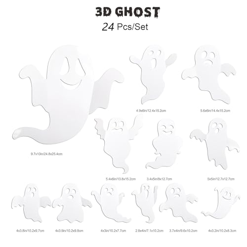 24Pcs Halloween Ghost Wall Decor 3D Stickers Decals Decorations Reusable Self-Adhesive Cute White Spooky Decals for Home Window Door Room Party Supplies