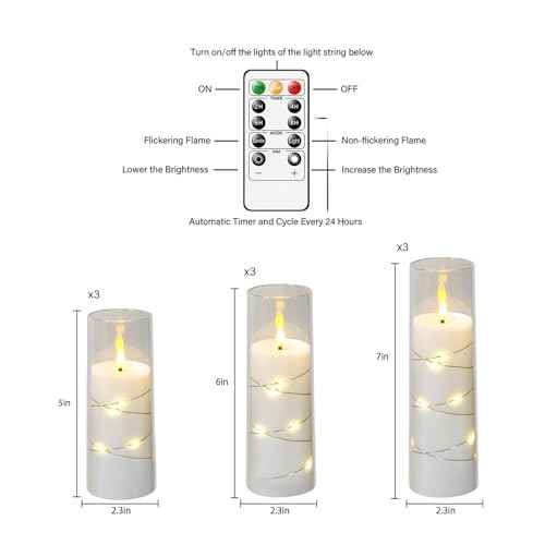 Flameless Candles with Embedded Star String, 12 Pcs Battery Operated LED Pillar Candles with Remote and Timer, Suitable for Home Decor, Party, Christmas & Wedding (White)
