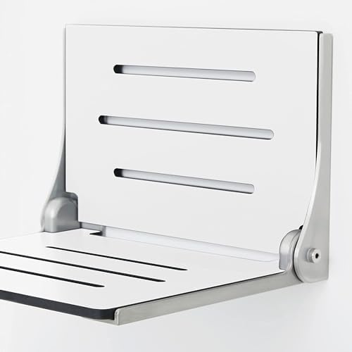 Seachrome Lift-Assist High Back Silhouette Folding Wall Mount Shower Bench Seat with White Frame