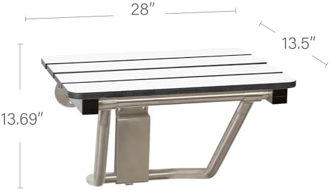 28" x 15" Phenolic White 3” Slats Folding Wall Mount Shower Seat Bench, ADA Compliant