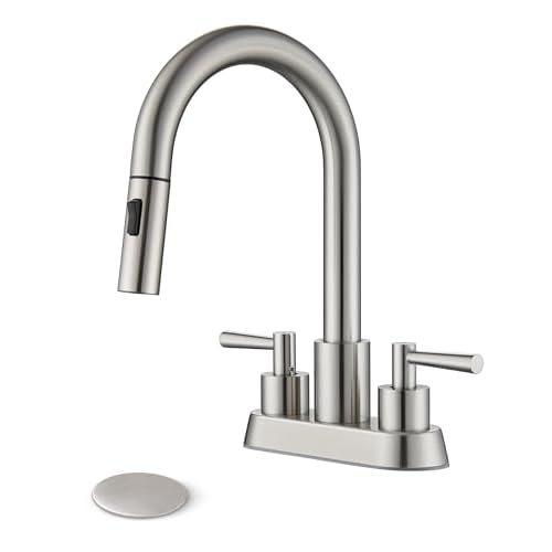 Bathroom Sink Faucet with Pull Out Sprayer 2 Handles, Brushed Nickel Pull Down Bathroom Faucet 3 Holes, 4 Inch Sink Faucet Bathroom, 360 Degree Swivel Spout, Pop Up Drain Assembly Included