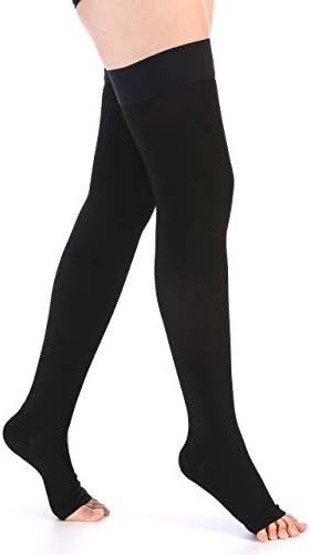 Leotruny Women Men 20-30 mmHg Support Open-Toe Thigh High Compression Stockings (C02-Black, Large (1 Pair))