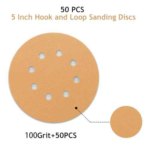 50 PCS 100 Grit 5 Inch 8 Hole Sanding Discs, Hook and Loop Gold Sandpaper Pads for Random Orbital Sander