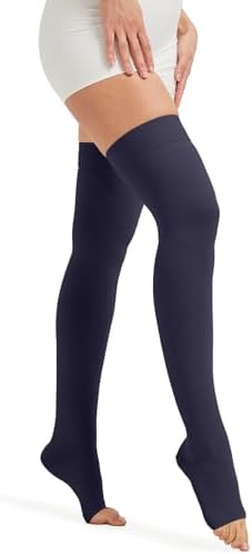 MGANG Medical Thigh High Compression Stockings for Men & Women, Pair, Open Toe, 15-20 mmHg Graduated Compression Support Hose, Opaque, Best for Varicose Veins, Edema, Flight, Swelling, Navy Blue XL