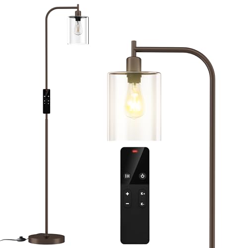 Industrial Floor Lamp with Glass Shade, Modern Dimmable Floor lamp with Remote LED Bulbs, Tall Lamp for Living Room Corner, Bedroom, Office (Bronze)