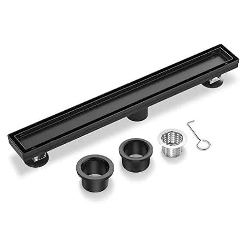 EXF Linear Shower Drain 28 Inch Matte Black with Reversible Flat & Tile Insert Cover, Stainless Steel Rectangle Shower Floor Drain with Hair Catcher, Adjustable Feet
