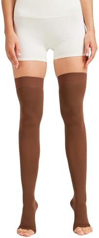 MGANG Medical Thigh High Compression Stockings for Men & Women, Pair, Open Toe, 15-20 mmHg Graduated Compression Support Hose, Opaque, Best for Varicose Veins, Edema, Flight, DVT, Swelling, Brown L