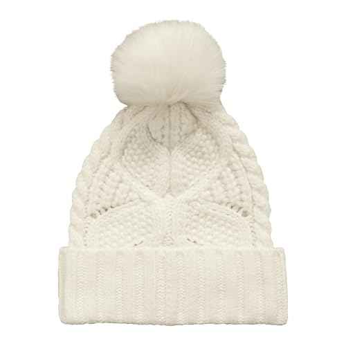 UGG Women's Cable Knit Beanie with Plush Pom - Cozy Winter Hat in Soft Acrylic-Wool Blend, Leather Logo Detail, Nimbus, One Size