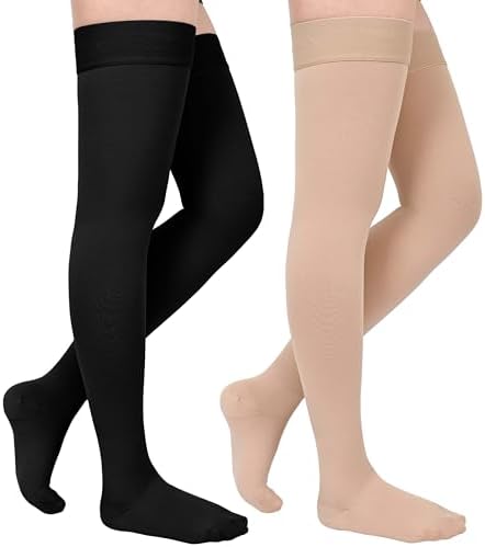 GODORIO 2Pairs 20-30mmHg Thigh High Compression Stockings, Thigh High Compression Socks for Women, Medical Compression Stockings for Varicose Veins, Swelling, Pregnant, Teacher, Doctor
