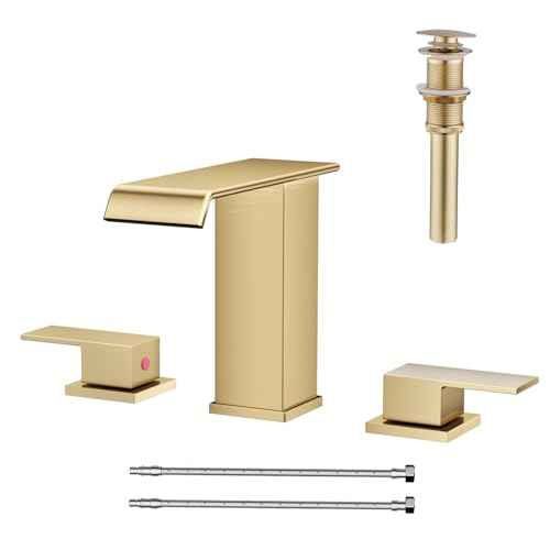 Waterfall Bathroom Faucet 3 Hole, Brushed Gold 8 Inch Widespread Modern 3 Piece Bathroom Sink Faucets & Parts, Touch On Lavatory Faucet for Bathroom Vanity
