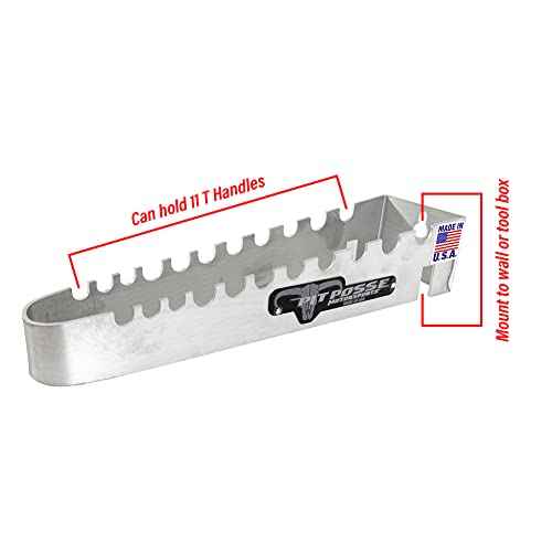 Pit Posse PP272 T Handle Rack Holder Tool Box Mount Aluminum Organizer - Made in USA - Enclosed Trailer, Garage, Automotive Shop - Holds 9 T-Handle Wrenches - Wall Mounted or Hangs on Toolbox (Silver)