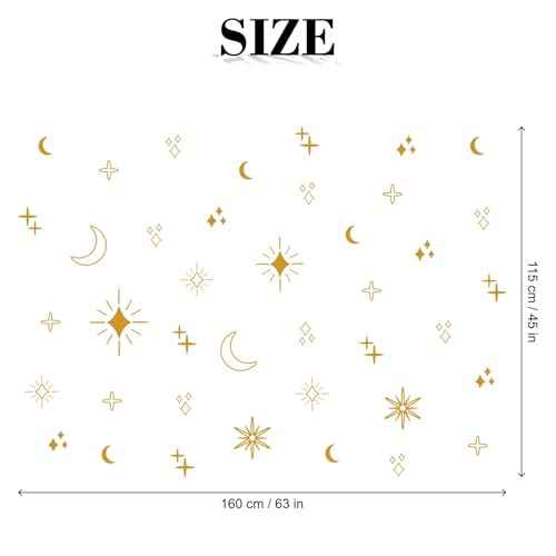 Large Gold Star Moon and Sun Wall Decal, Vinyl Starburst Wall Stickers Decor, Boho Wall Decals Peel and Stick for Kids Bedroom Home Nursery Classroom Decoration